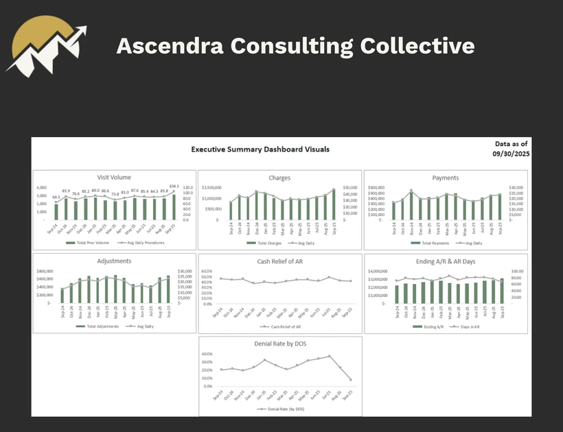 Page 1 of Ascendra's existing sample report, showing its original branding and charts for visit volume, charges, payments, adjustments, receivables and denials.